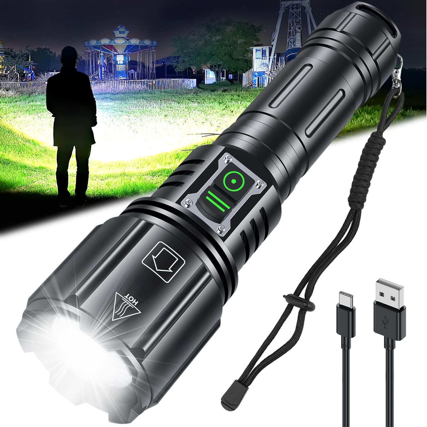 Gehavin Rechargeable High Power LED Flashlight 500000 High Lumens, Super Bright XHP160 Flashlights with 6 Modes, Waterproof, Zoomable, Fast Charging,Camping Flashlight for Campers