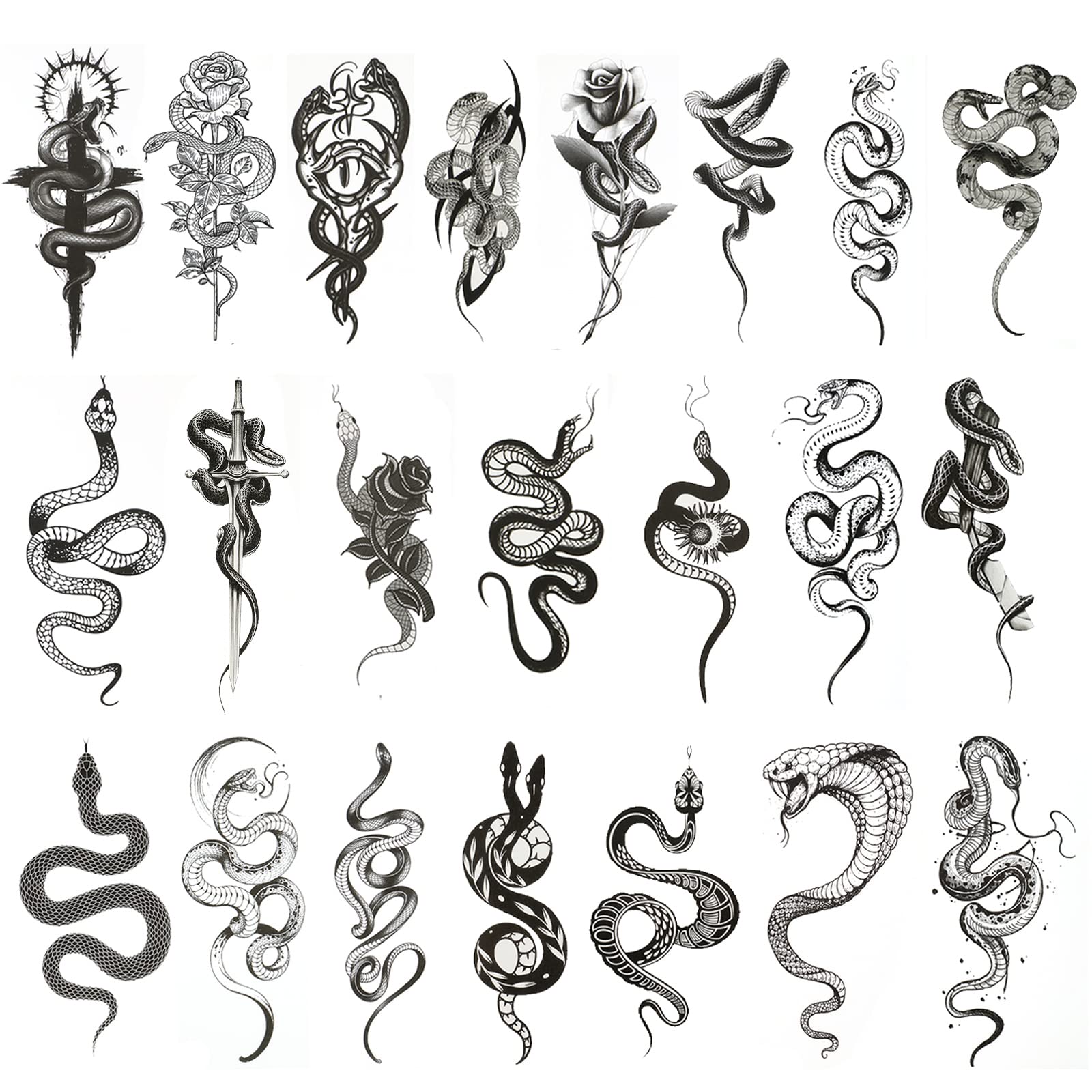 22 Sheets Realistic Snake Temporary Tattoos 3D Tribal Serpent Tattoos Floral Swords Snake Fake Tattoos Waterproof Snake Tattoo Stickers for Women Men Adults Kids Face Arm Leg Body Art