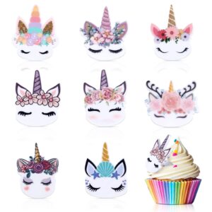 hicarer 48 pcs unicorn cupcake toppers unicorn rings for girls, unicorn theme birthday party favors unicorn cupcake decorations girls finger rings party gifts(floral style)