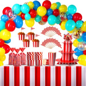 432 pcs circus party decorations set carnival circus balloon garland arch kit table skirts 3 tier cupcake stand cupcake wrappers popcorn boxes for carnival circus birthday halloween party decoration