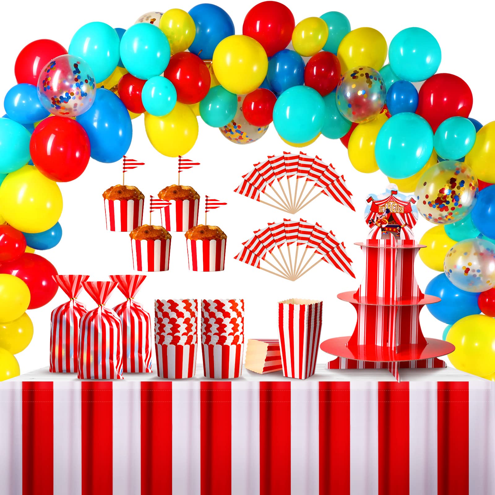 432 Pcs Circus Party Decorations Set Carnival Circus Balloon Garland Arch Kit Table Skirts 3 Tier Cupcake Stand Cupcake Wrappers Popcorn Boxes for Carnival Circus Birthday Halloween Party Decoration