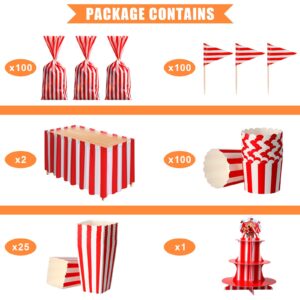 432 Pcs Circus Party Decorations Set Carnival Circus Balloon Garland Arch Kit Table Skirts 3 Tier Cupcake Stand Cupcake Wrappers Popcorn Boxes for Carnival Circus Birthday Halloween Party Decoration