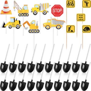 128 construction party decoration, include 50 mini novelty disposable plastic shovel shape dessert spoon, 28 truck cupcake toppers, 50 construction sign cake toppers for birthday party supplies