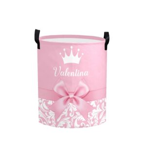 personalized laundry basket hamper,princess bow pink,collapsible storage baskets with handles for kids room,clothes, nursery decor