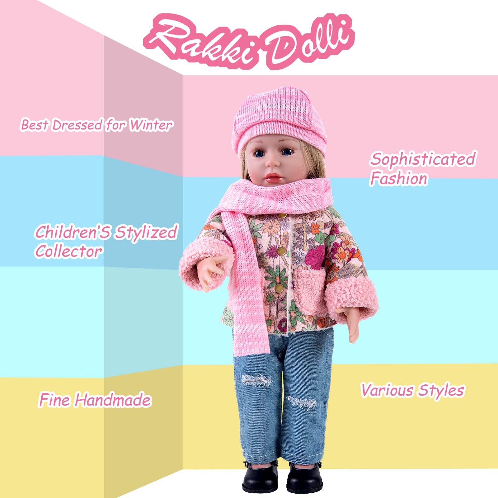 Rakki Dolli Doll Clothes 4 Piece Set Includes Pink Flower Snow Jacket, Knitted Wool Hat, Scarf and Hipster Jeans Fits for 18" American Girl Dolls (Doll and Shoes Not Included) 008