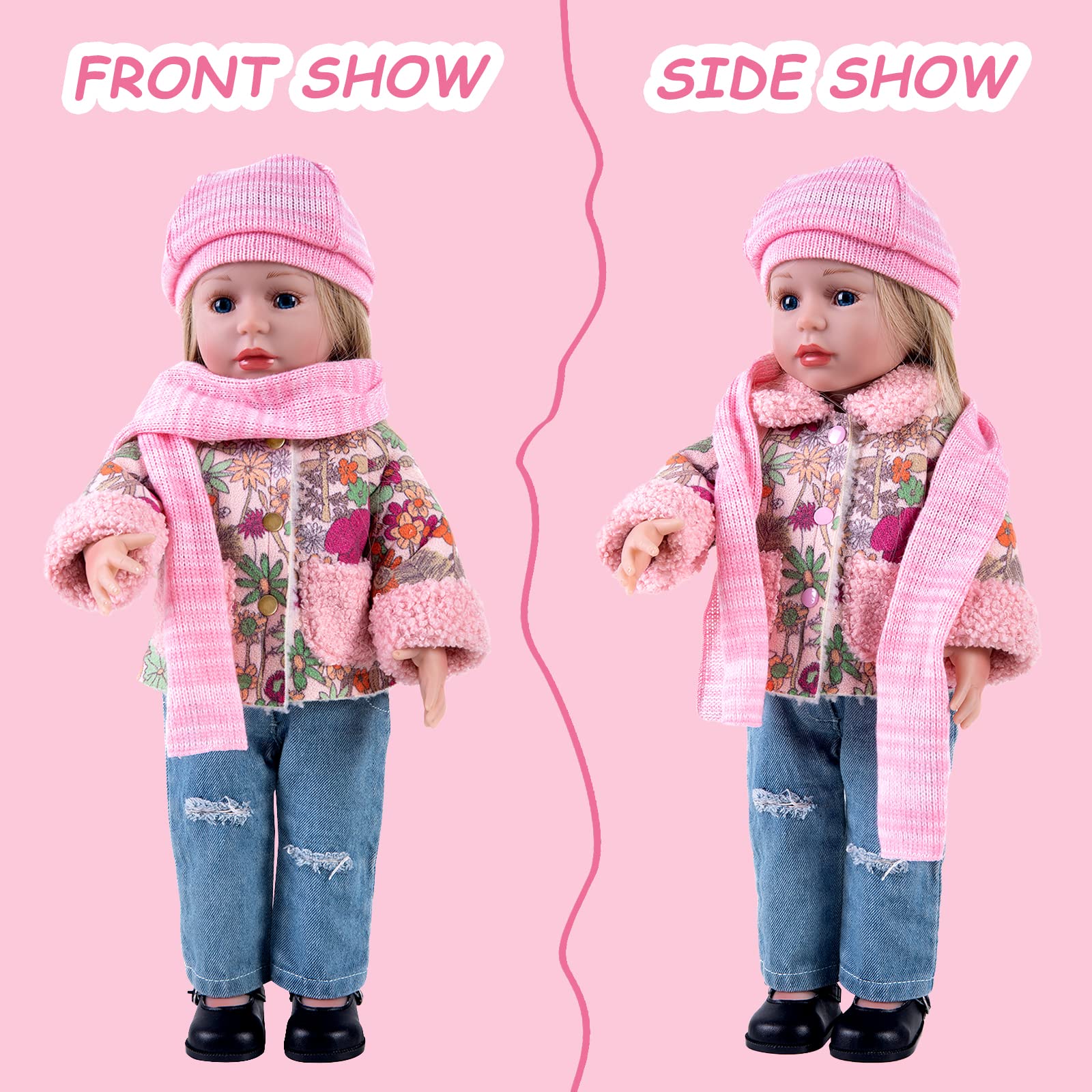 Rakki Dolli Doll Clothes 4 Piece Set Includes Pink Flower Snow Jacket, Knitted Wool Hat, Scarf and Hipster Jeans Fits for 18" American Girl Dolls (Doll and Shoes Not Included) 008