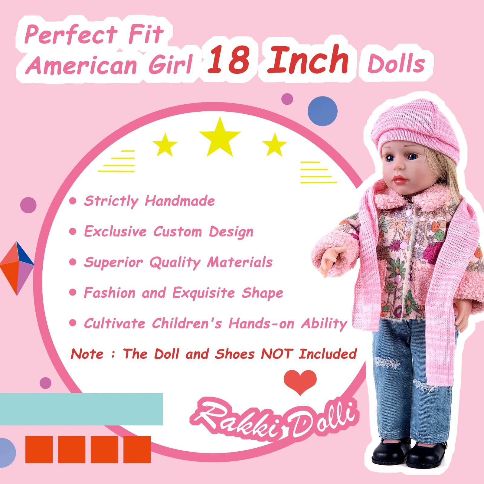 Rakki Dolli Doll Clothes 4 Piece Set Includes Pink Flower Snow Jacket, Knitted Wool Hat, Scarf and Hipster Jeans Fits for 18" American Girl Dolls (Doll and Shoes Not Included) 008