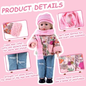 Rakki Dolli Doll Clothes 4 Piece Set Includes Pink Flower Snow Jacket, Knitted Wool Hat, Scarf and Hipster Jeans Fits for 18" American Girl Dolls (Doll and Shoes Not Included) 008