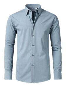 fahizo men's dress shirt casual regular fit stretch soild long sleeve button up shirts, grey green-l