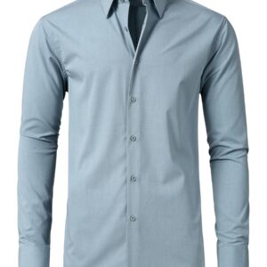 FAHIZO Men's Dress Shirt Casual Regular Fit Stretch Soild Long Sleeve Button Up Shirts, Grey Green-L