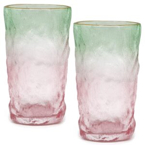 tossow drinking glasses, glassware sets of 2, mixed drinking glacier pattern 12 oz glass cups decoration for wine, beer, juice, mojito and cocktail(pink+green)