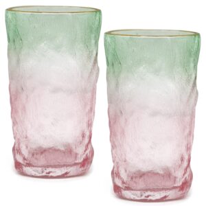 TOSSOW Drinking Glasses, Glassware Sets of 2, Mixed Drinking Glacier Pattern 12 oz Glass Cups Decoration for Wine, Beer, Juice, Mojito and Cocktail(Pink+Green)