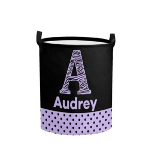personalized laundry basket hamper,monogram dots black purple,collapsible storage baskets with handles for kids room,clothes, nursery decor