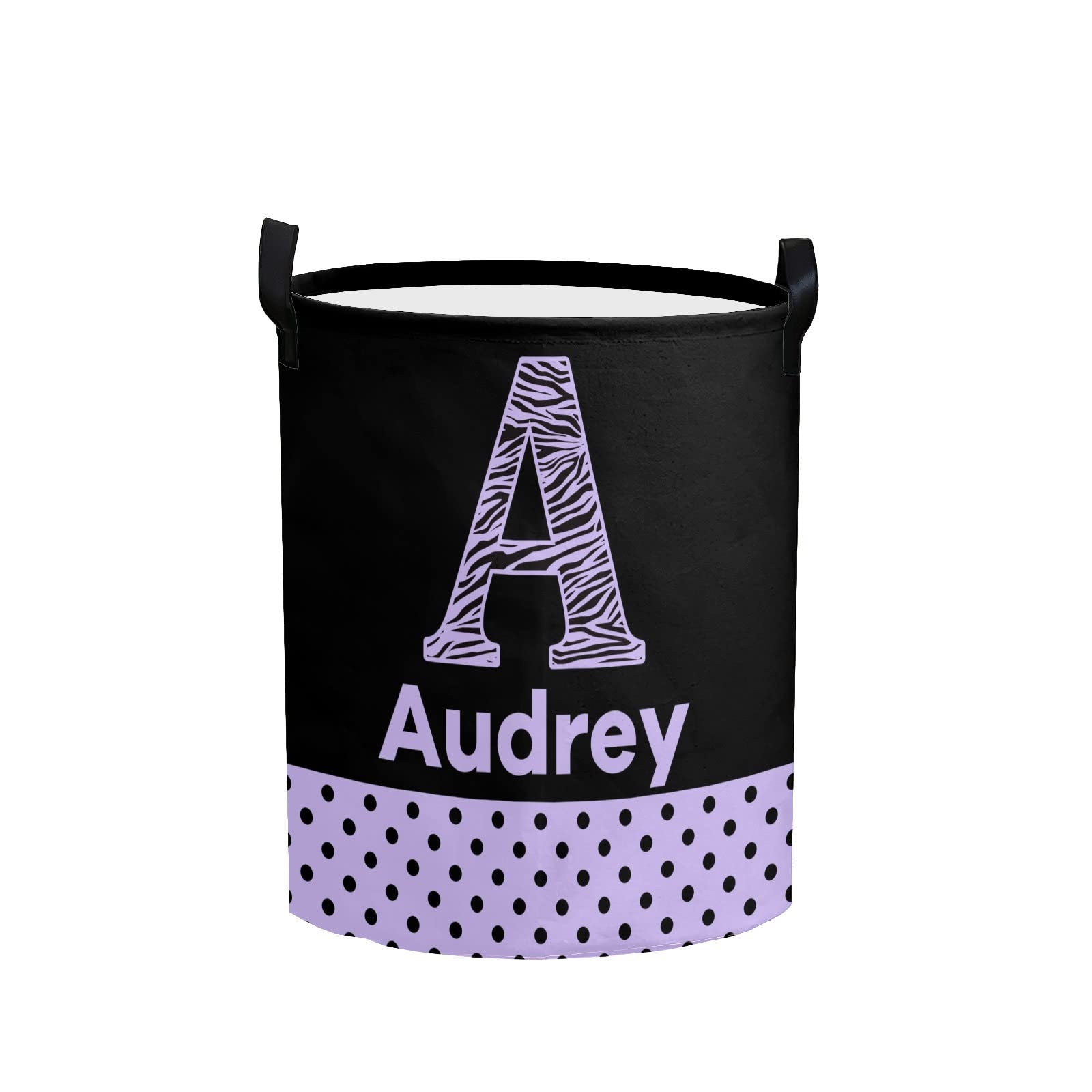 Personalized Laundry Basket Hamper,Monogram Dots Black Purple,Collapsible Storage Baskets with Handles for Kids Room,Clothes, Nursery Decor