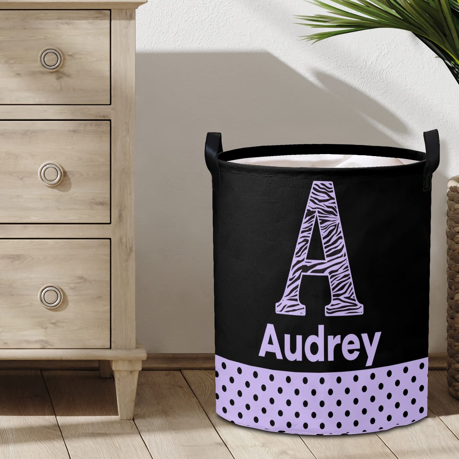 Personalized Laundry Basket Hamper,Monogram Dots Black Purple,Collapsible Storage Baskets with Handles for Kids Room,Clothes, Nursery Decor