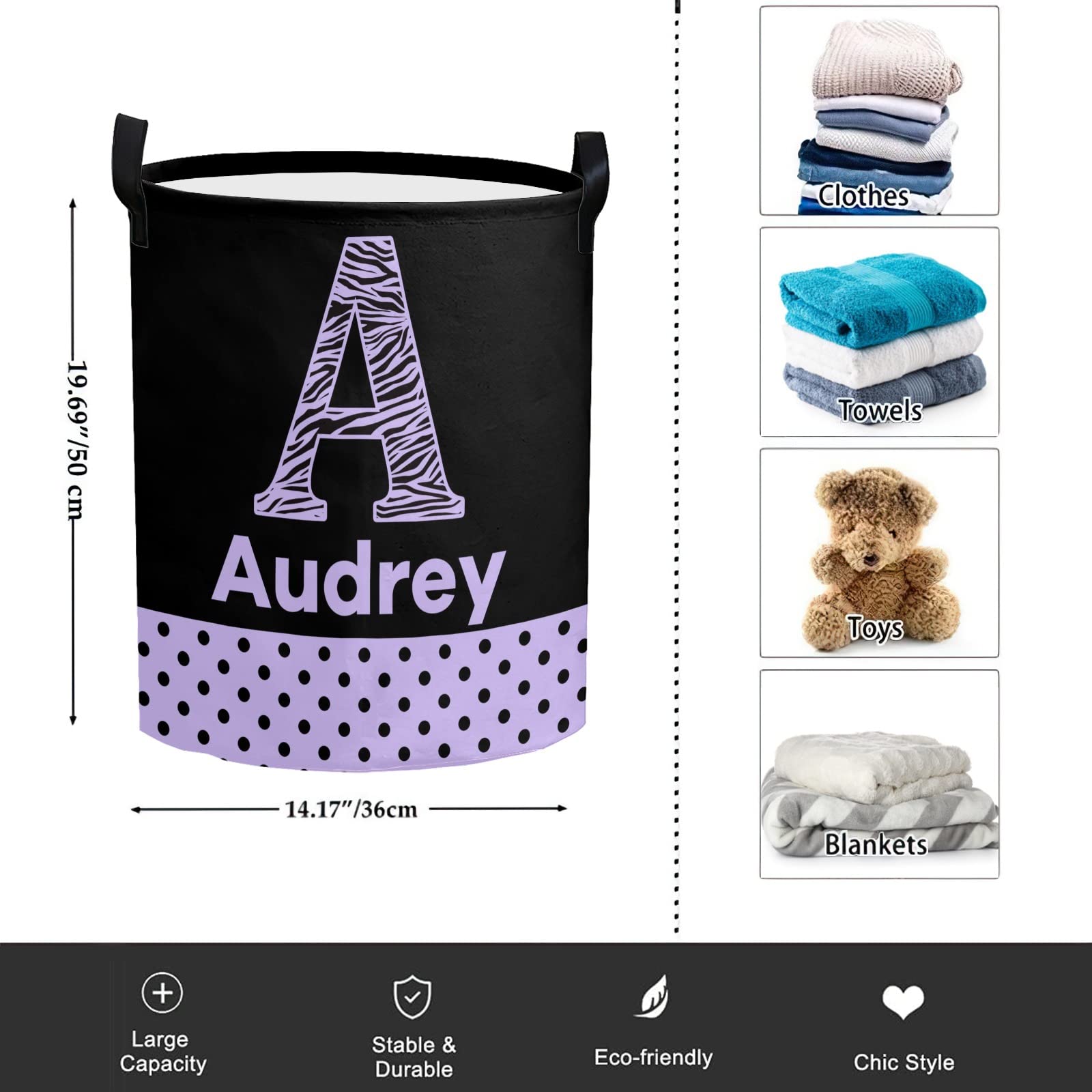 Personalized Laundry Basket Hamper,Monogram Dots Black Purple,Collapsible Storage Baskets with Handles for Kids Room,Clothes, Nursery Decor