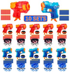 banvih 10 small gun set for nerf party supplies and favors, suitable for boys' birthday bulk nerf war party pack bundle - equipped: 10 mini pistol blasters, goggles, masks, wristbands, 200 foam darts