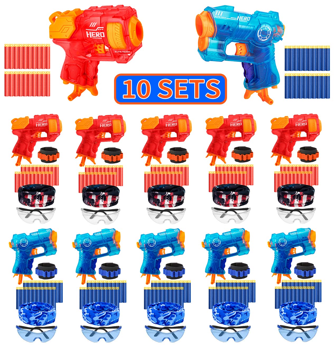 Banvih 10 Small Gun Set for Nerf Party Supplies and Favors, Suitable for Boys' Birthday Bulk Nerf War Party Pack Bundle - Equipped: 10 Mini Pistol Blasters, Goggles, Masks, Wristbands, 200 Foam Darts