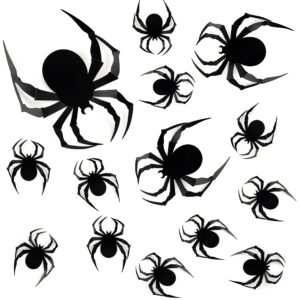 coogam 60 pcs halloween 3d spiders decoration, scary realistic black spider sticker diy windows wall decal for home decor bathroom indoor hallowmas party supplies