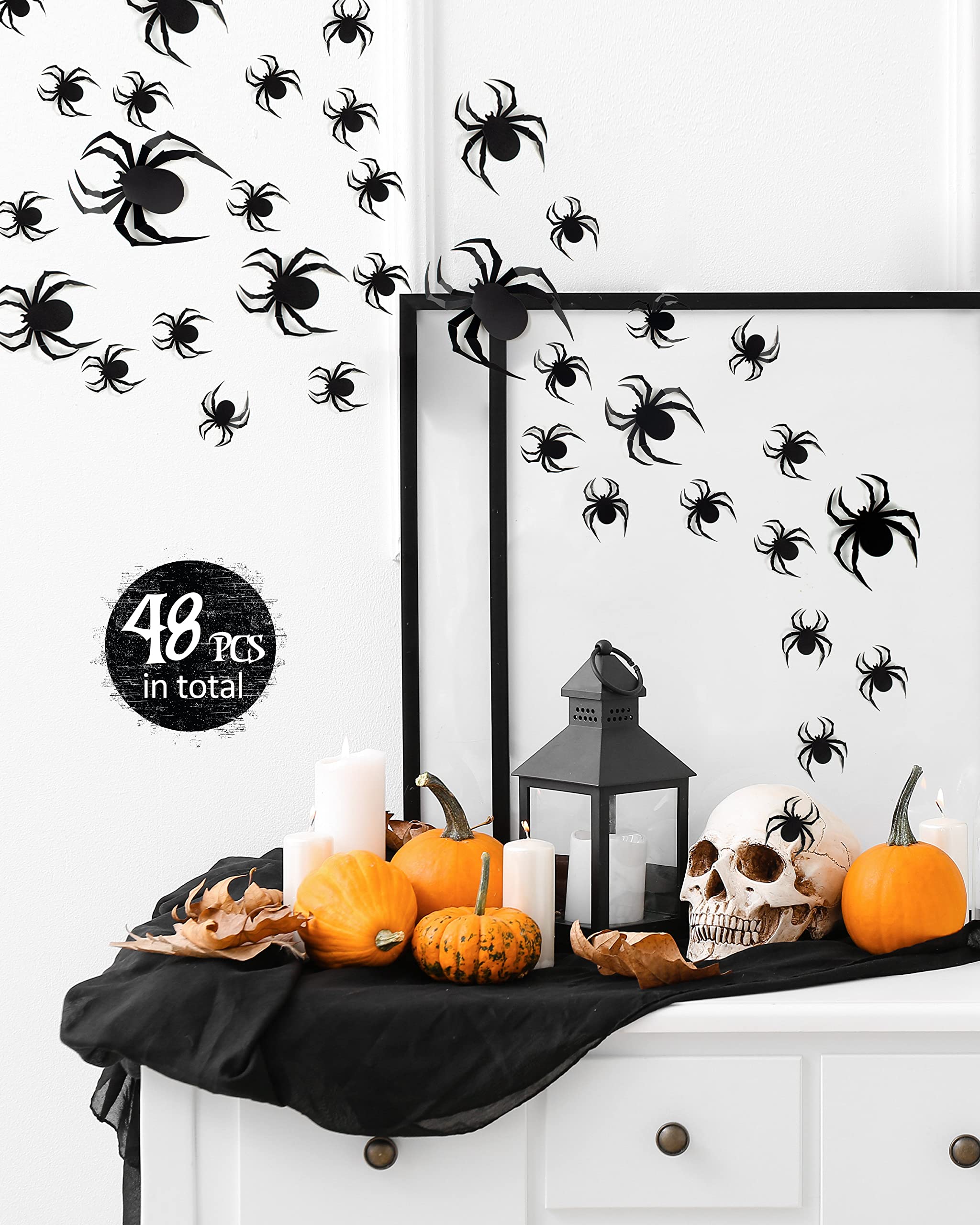 Coogam 60 PCS Halloween 3D Spiders Decoration, Scary Realistic Black Spider Sticker DIY Windows Wall Decal for Home Decor Bathroom Indoor Hallowmas Party Supplies