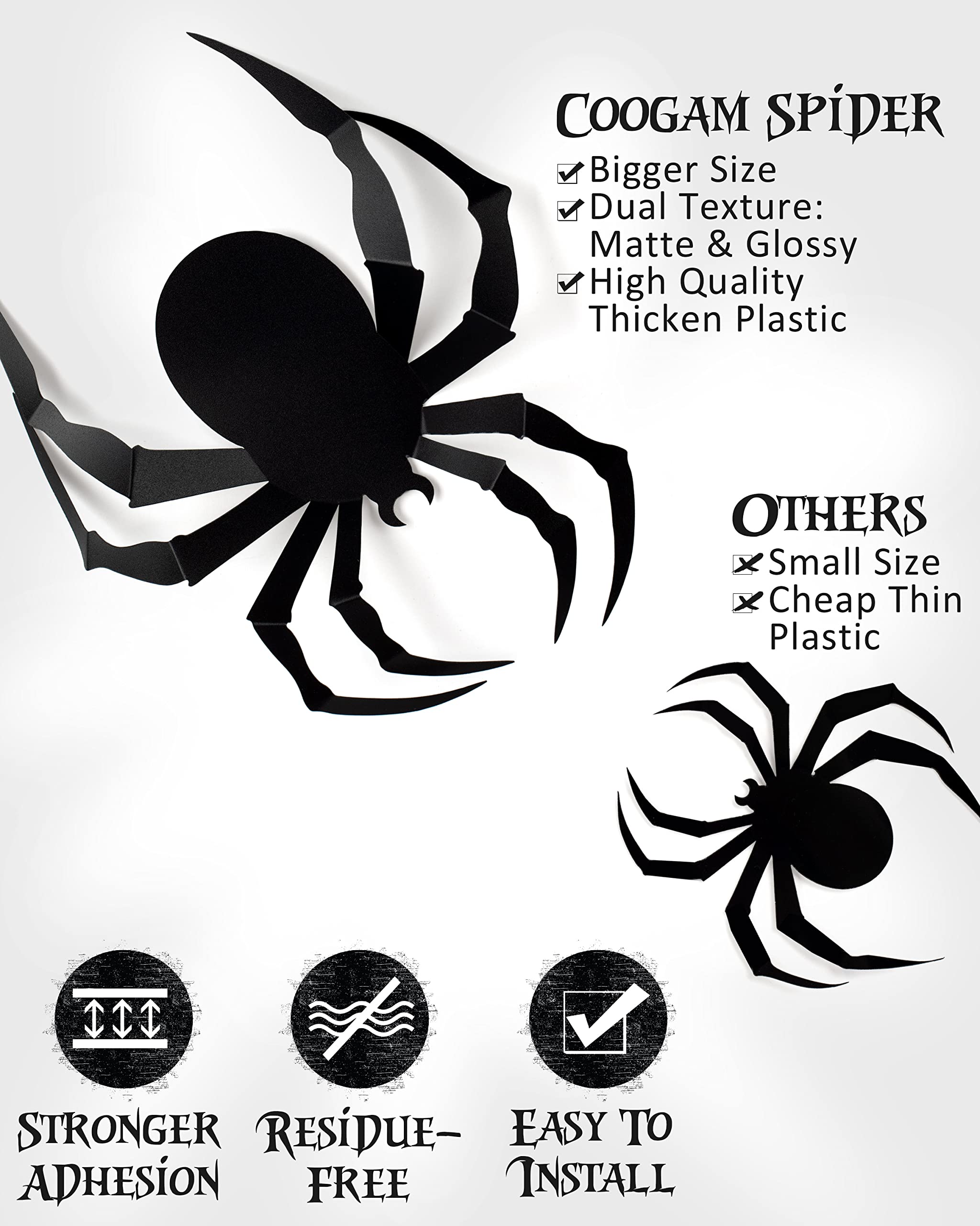 Coogam 60 PCS Halloween 3D Spiders Decoration, Scary Realistic Black Spider Sticker DIY Windows Wall Decal for Home Decor Bathroom Indoor Hallowmas Party Supplies