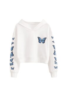 romwe girl's butterfly print drop shoulder long sleeve pullover hoodie sweatshirt crop top tee shirt white 140