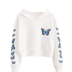 Romwe Girl's Butterfly Print Drop Shoulder Long Sleeve Pullover Hoodie Sweatshirt Crop Top Tee Shirt White 140