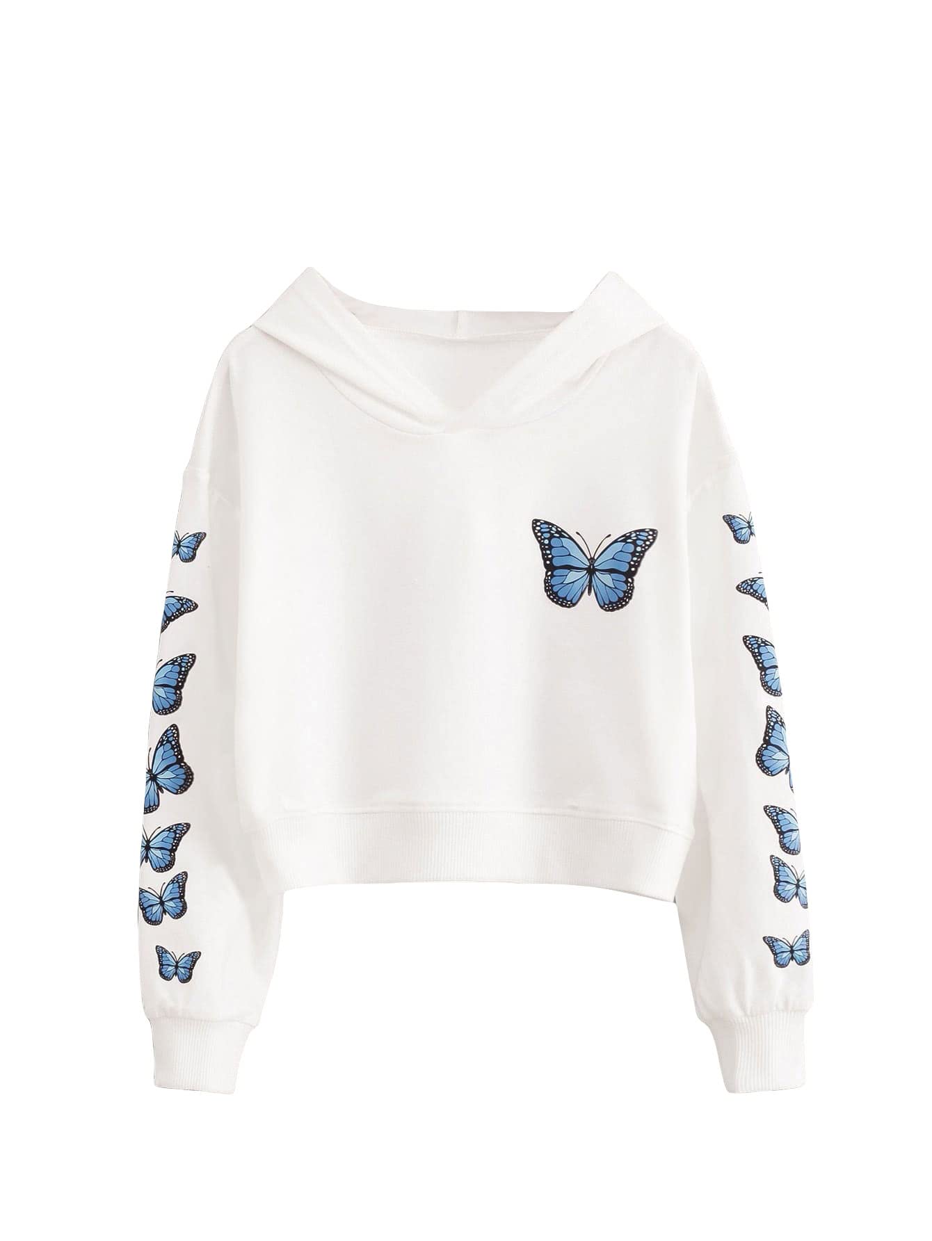 Romwe Girl's Butterfly Print Drop Shoulder Long Sleeve Pullover Hoodie Sweatshirt Crop Top Tee Shirt White 140