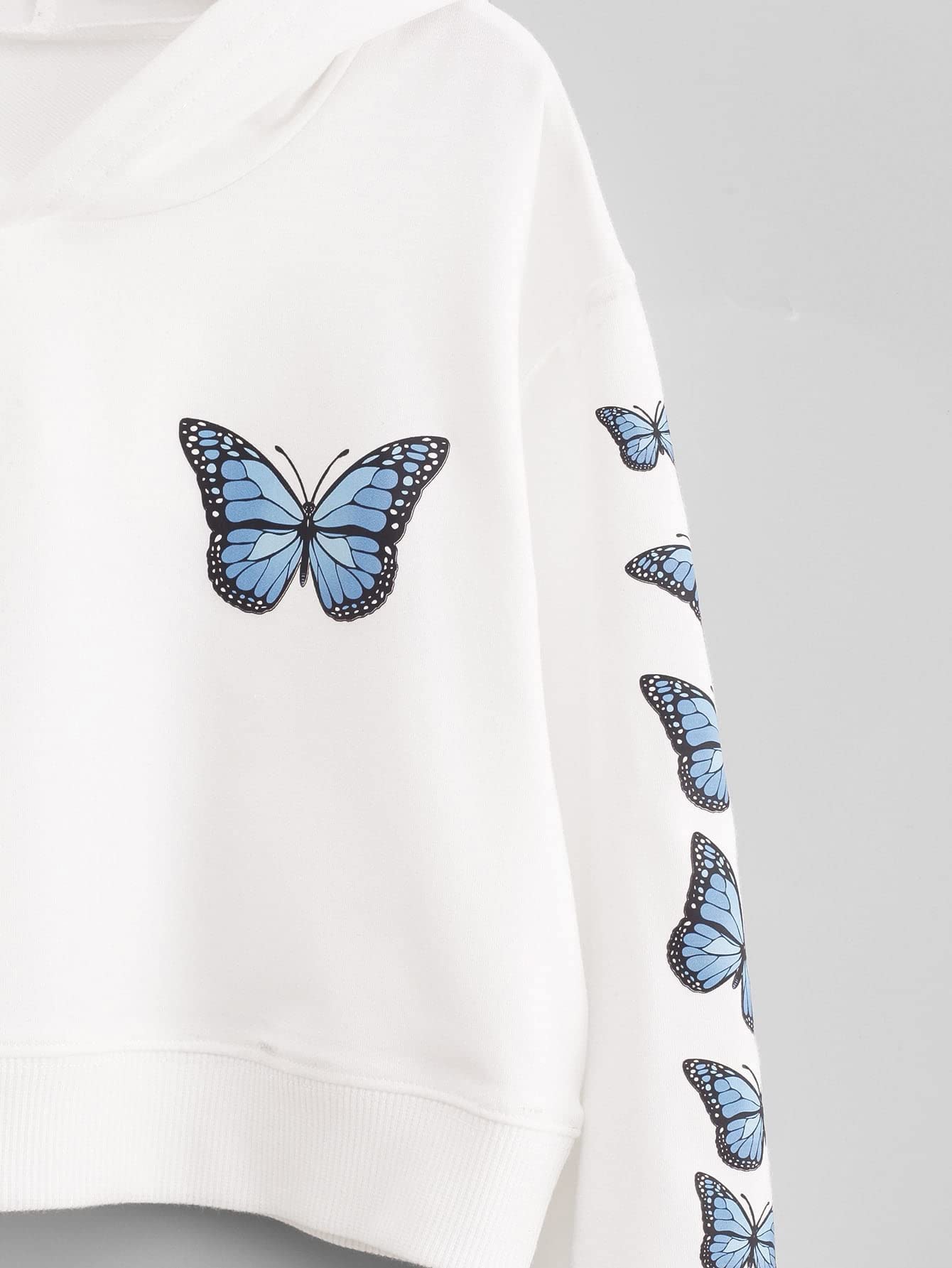 Romwe Girl's Butterfly Print Drop Shoulder Long Sleeve Pullover Hoodie Sweatshirt Crop Top Tee Shirt White 140