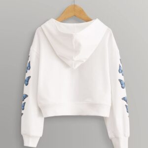 Romwe Girl's Butterfly Print Drop Shoulder Long Sleeve Pullover Hoodie Sweatshirt Crop Top Tee Shirt White 140