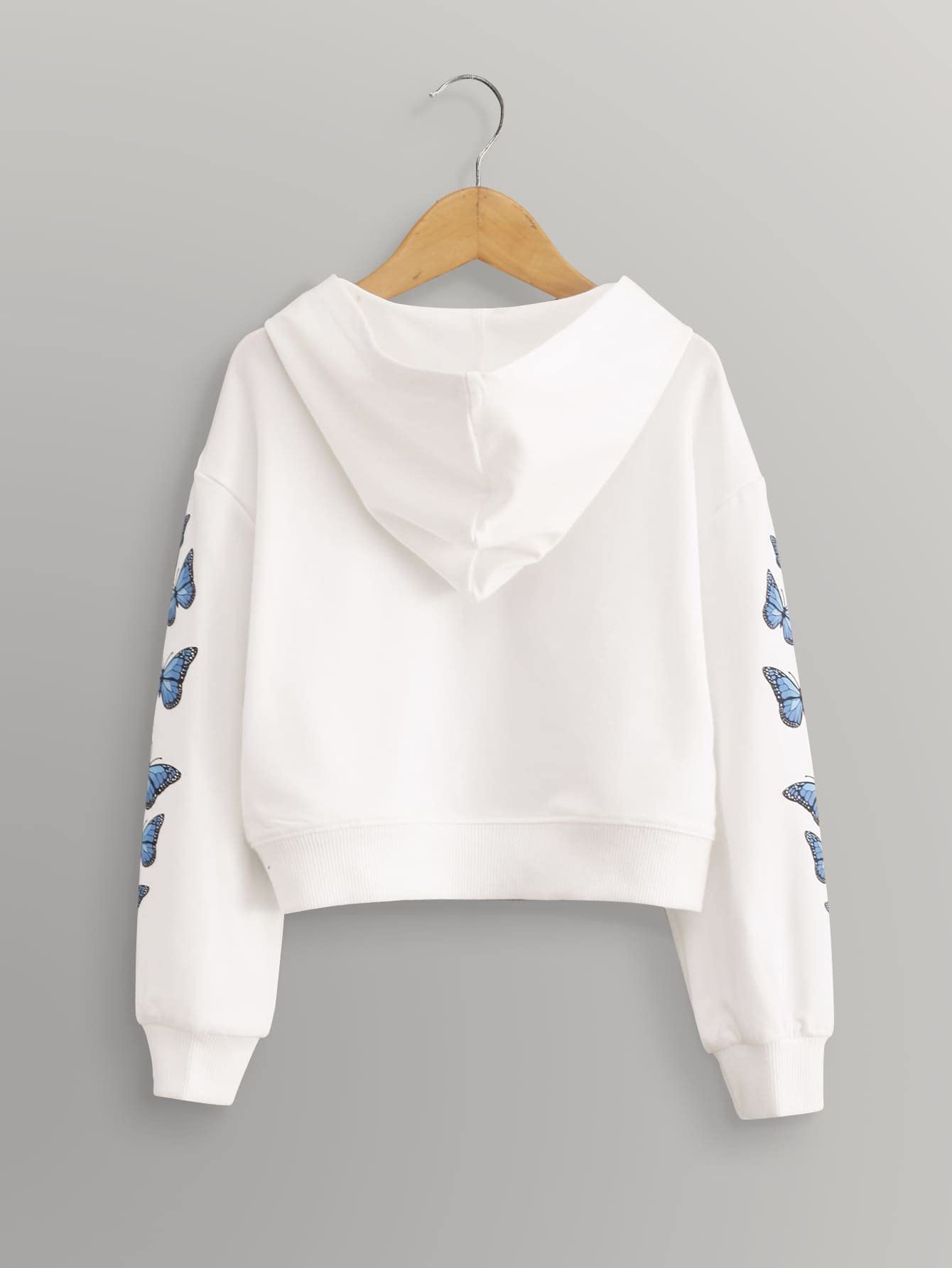 Romwe Girl's Butterfly Print Drop Shoulder Long Sleeve Pullover Hoodie Sweatshirt Crop Top Tee Shirt White 140
