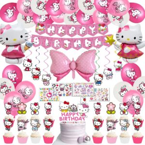kitty birthday party supplies, cute kitten party favor pink party decorations includes happy birthday banner, balloons, cake topper, kitten foils balloons, tattoos stickers, hanging swirl