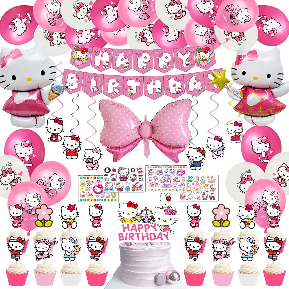 Kitty Birthday Party Supplies, Cute Kitten Party Favor Pink Party Decorations includes Happy Birthday Banner, Balloons, Cake Topper, Kitten Foils Balloons, Tattoos Stickers, Hanging Swirl