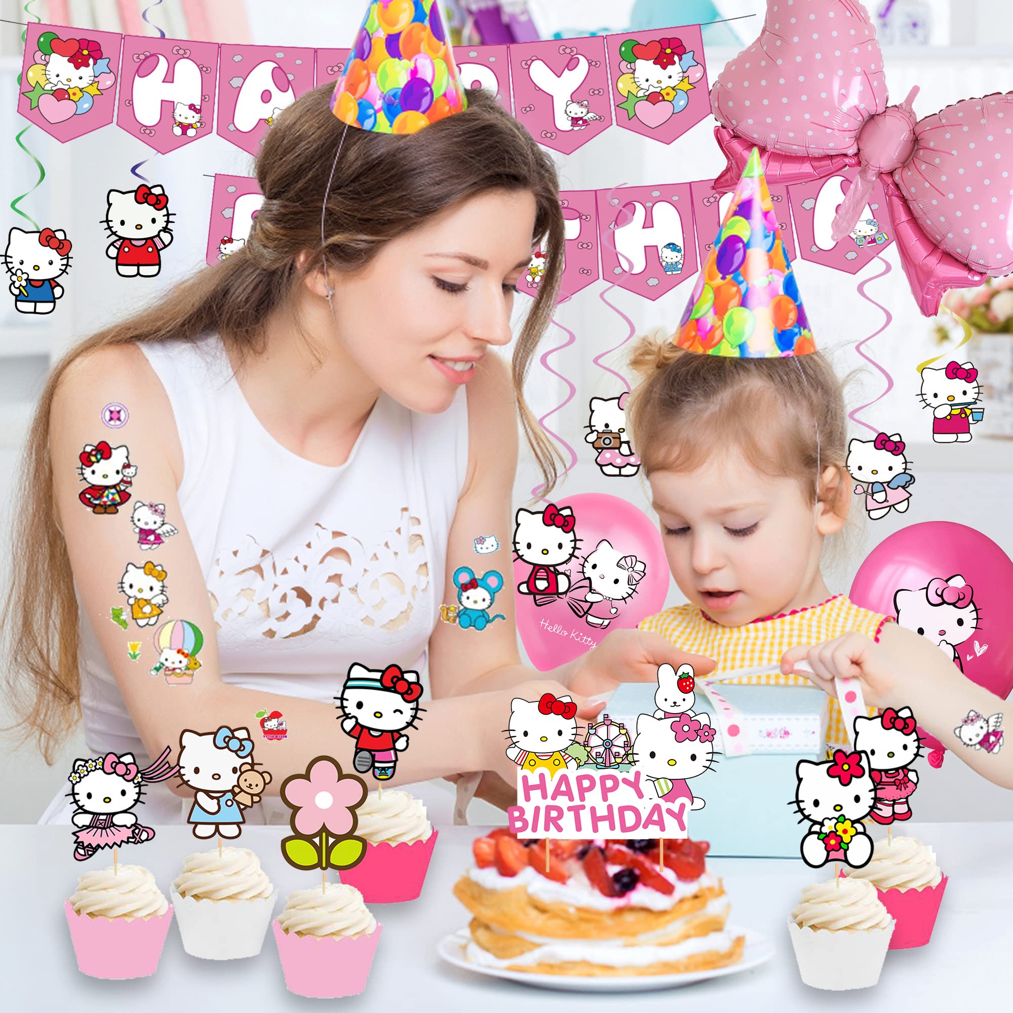 Kitty Birthday Party Supplies, Cute Kitten Party Favor Pink Party Decorations includes Happy Birthday Banner, Balloons, Cake Topper, Kitten Foils Balloons, Tattoos Stickers, Hanging Swirl