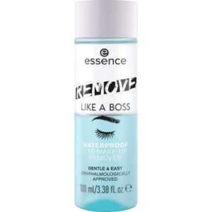 essence | remove like a boss waterproof eye & face make-up remover | bi-phase, gentle & caring, easy to remove | vegan & cruelty free | free from parabens, & microplastic particles