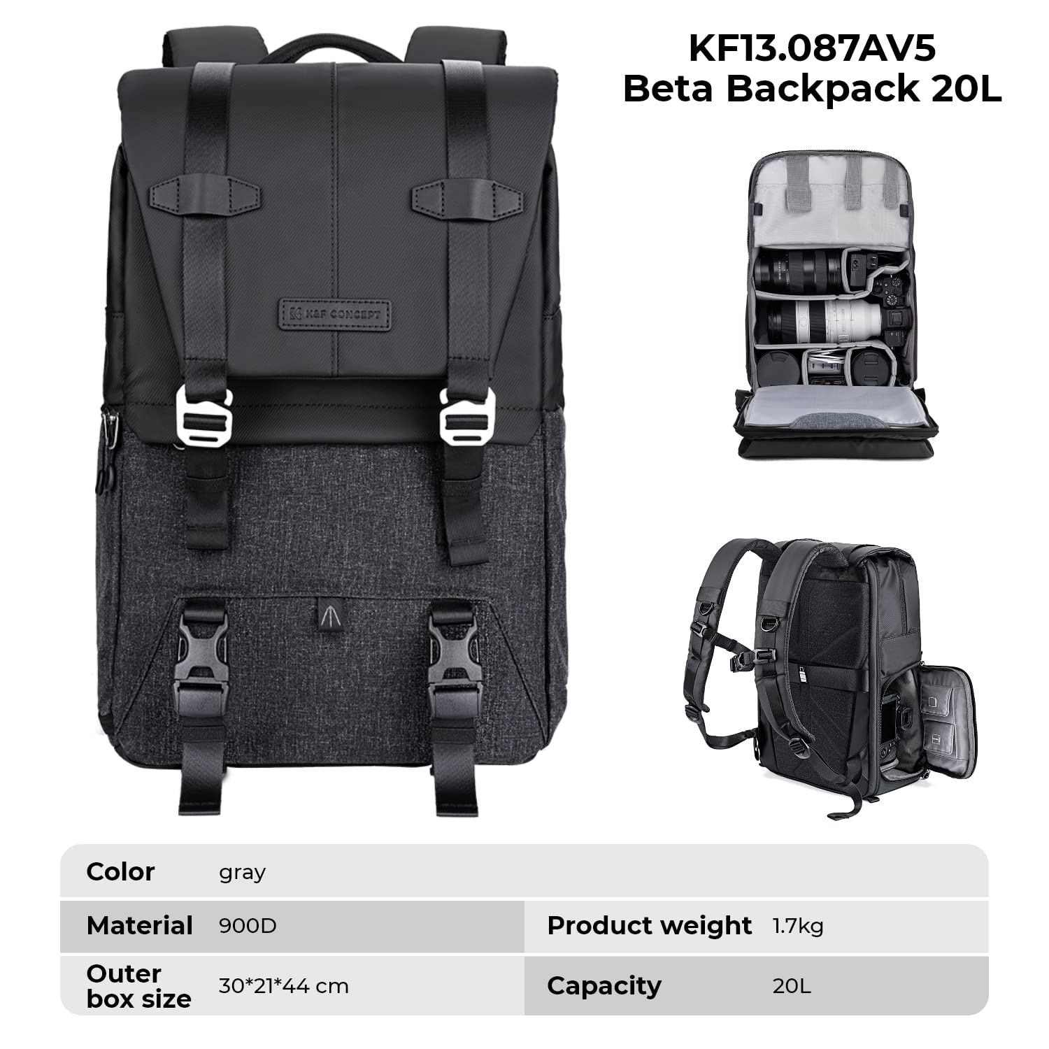 K&F Concept Camera Backpack, Camera Bags for Photographers Dslr Cameras Compatible for Canon Nikon Sony DJI Mavic Drone, 20L Large Capacity Bag Cover 15.6 Inch Laptop Camera Cases with Raincover