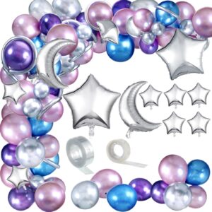 137 Pcs Space Balloon Space Balloons Party Decorations Metallic Balloons Star Moon Balloons Party Garland Supplies for Galaxy Girl Birthday(Blue Colors)