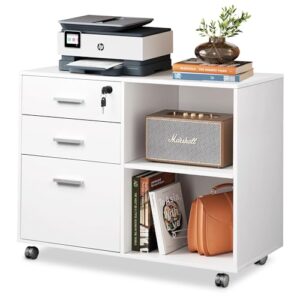 devaise 3-drawer wood file cabinet with lock, mobile lateral filing cabinet, printer stand with open storage shelves for home office, white
