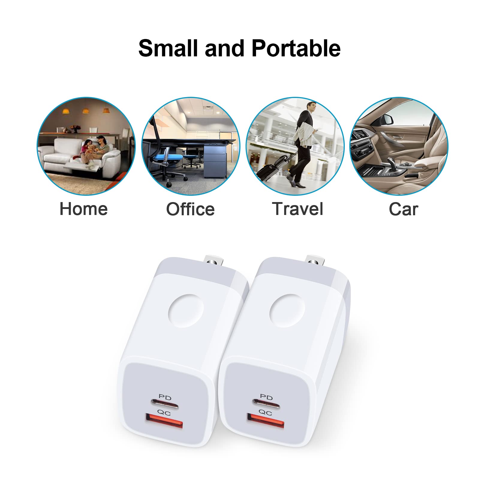 20W Dual Port USB C Fast Wall Charger Power Adapter for Samsung Galaxy S24 A15 A54 S23 S22 S21 S10 Plus Ultra, iPhone 15 14 13 12 11 Mini Pro Max, 2PC PD Type C Block Plug Box Charging Cube Base Brick