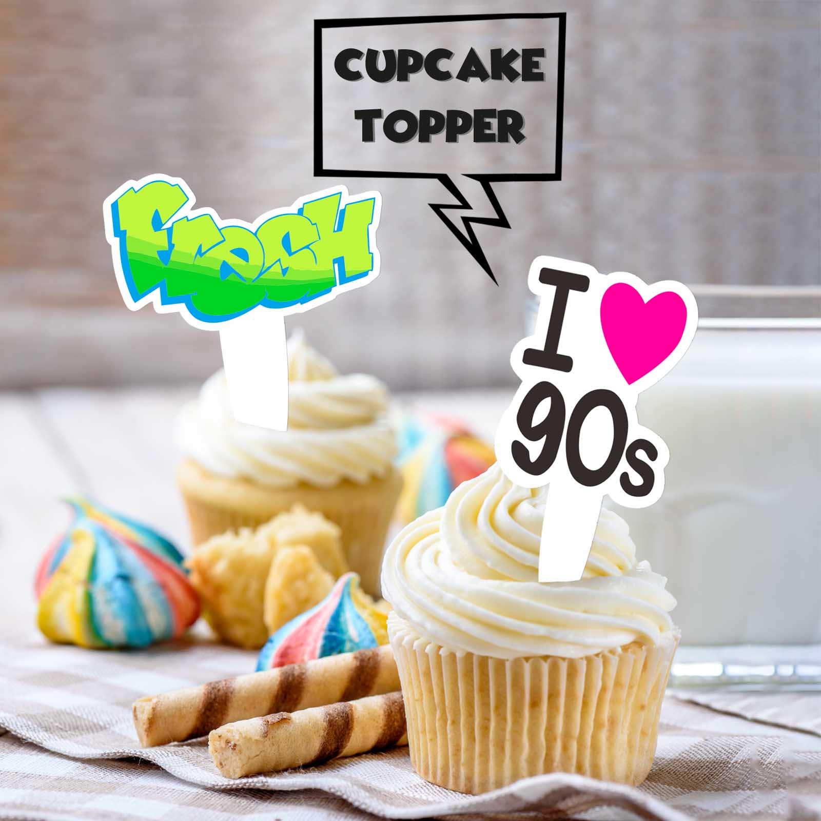 24pcs 90s Cupcake Topper 1990s Retro Theme Decor 90's Decade Throwback Party Decorations Supplies