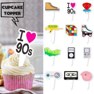 24pcs 90s Cupcake Topper 1990s Retro Theme Decor 90's Decade Throwback Party Decorations Supplies