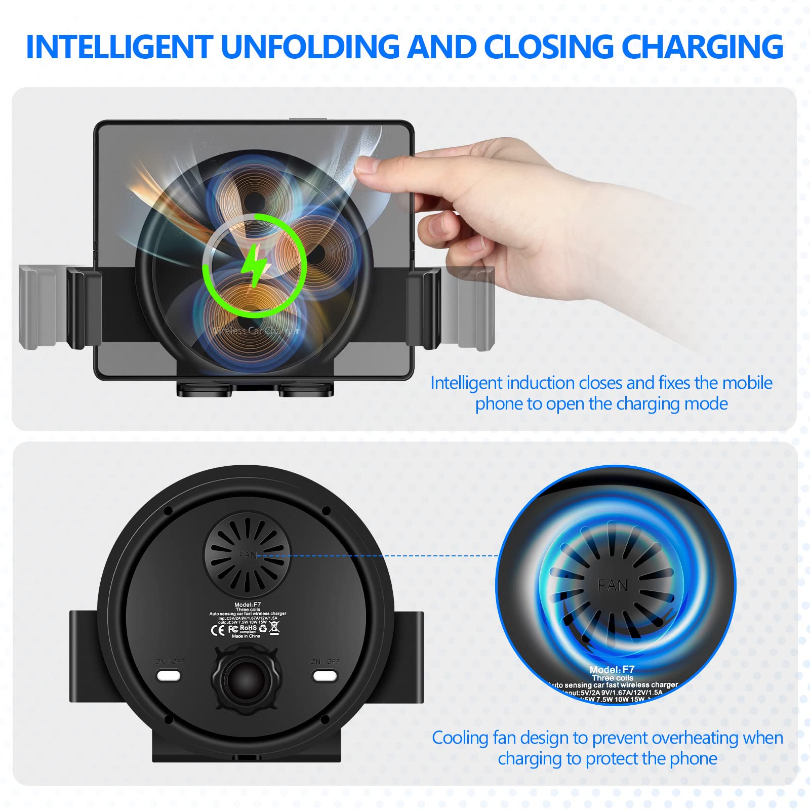 TOPENKE 20W Three Coils Wireless Car Charger with Cooling Fan, for Z Fold 5 Car Mount, Fast Charging Auto-Clamping for Air Vent & Dashboard, Compatible for Galaxy Z Fold 5/S23 Ultra, iPhone 14 Pro Max