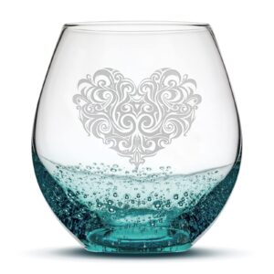 integrity bottles tribal heart design stemless wine glass, handmade, handblown, hand etched gifts, sand carved, 18oz (bubbly teal)