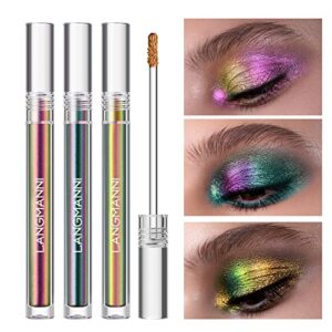 liquid glitter eyeshadow, 3 colors multichrome metallic liquid glitter chameleon eyeshadow kit, quick drying long lasting high holographic sparkling multi-dimensional eyeshadow makeup set for women