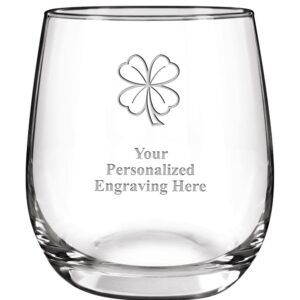 Four Leaf Clover Personalized Stemless Wine Glasses, 8.8 oz Laser Engraved Custom St. Patrick's Day Wine Glass Gift, Engraving Included