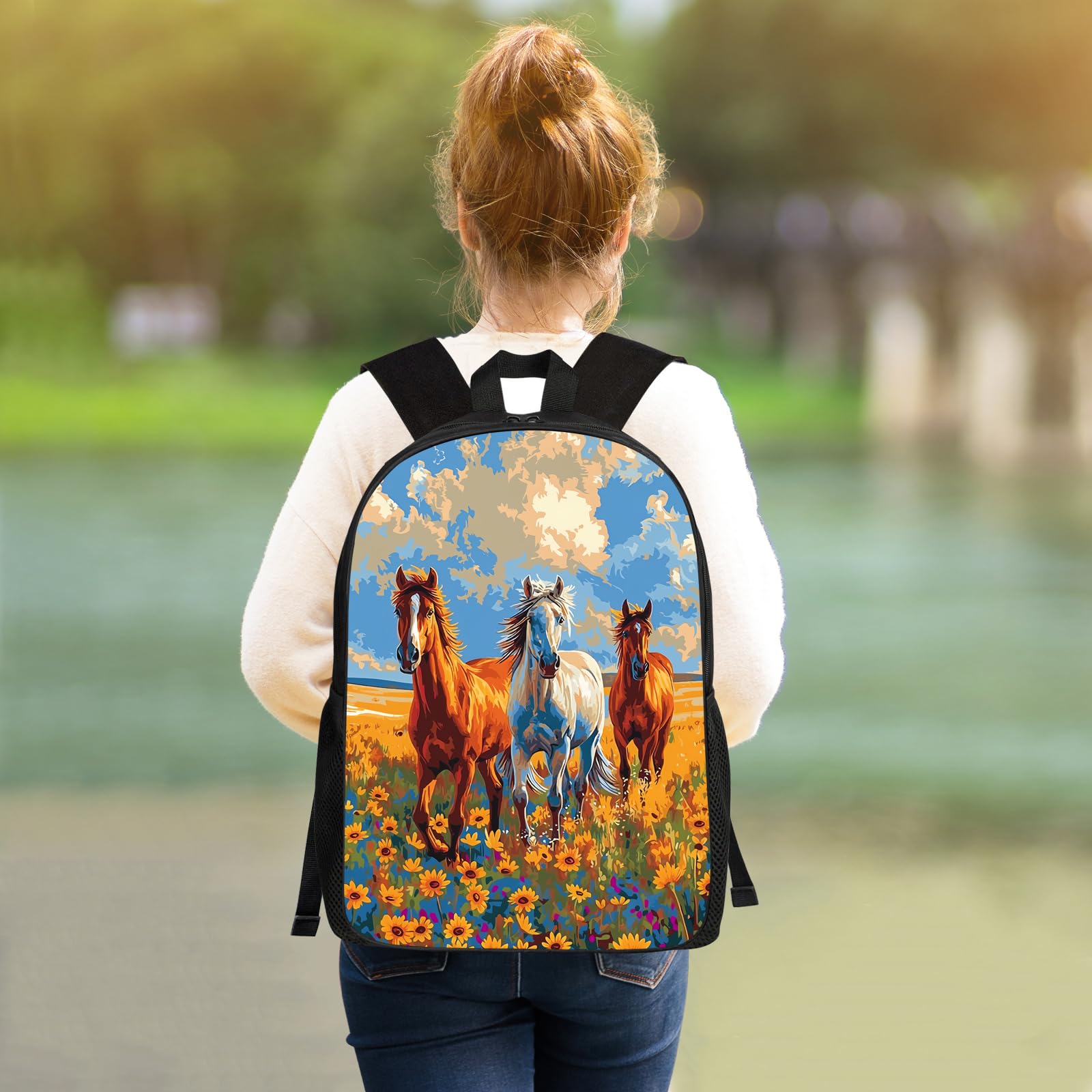 UIACOM Horse Backpack Three Horses with Yellow Floral Flower Bookbag for Teens Kids Boys Girls, Large 17 inch Elementary Junior High University School Bag, Beautiful Horse Art