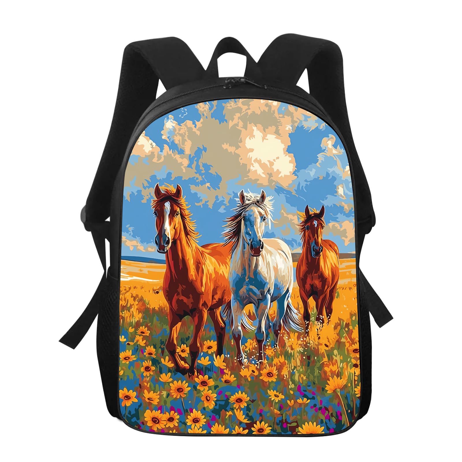 UIACOM Horse Backpack Three Horses with Yellow Floral Flower Bookbag for Teens Kids Boys Girls, Large 17 inch Elementary Junior High University School Bag, Beautiful Horse Art