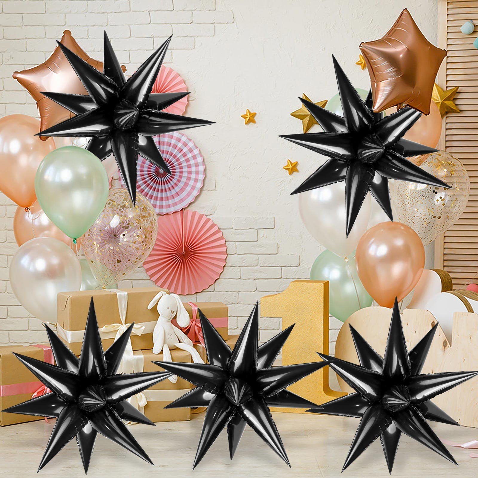 60 Pcs Black Star Balloons Explosion 12 Point Foil Cone Balloons Magic Starburst Balloons Large for Wedding Anniversary Backdrop Birthday Party Decorations