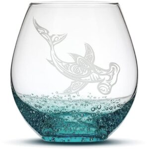 integrity bottles tribal hammerhead shark, stemless wine glass, handmade, handblown, hand etched gifts, sand carved, 18oz (bubble teal)