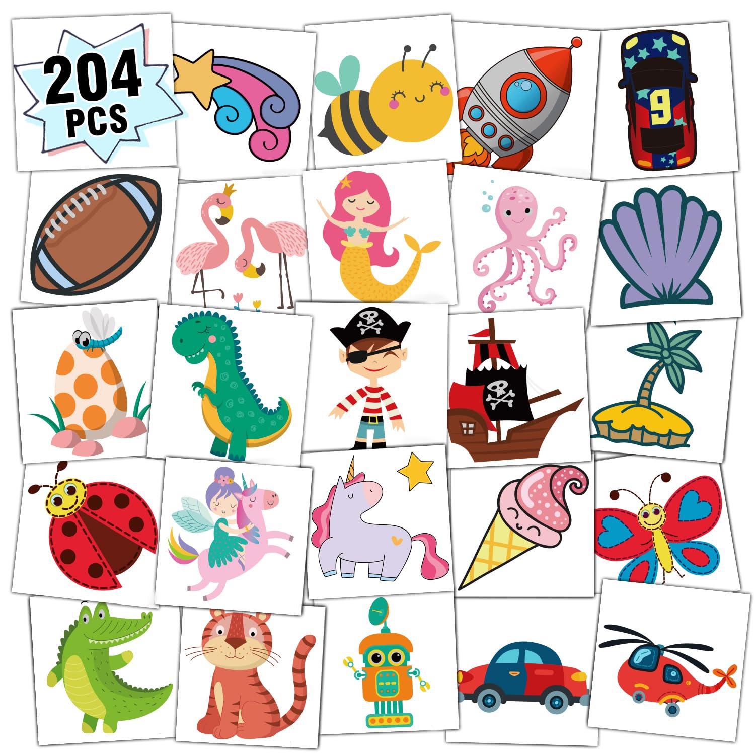 Partywind Kids Temporary Tattoos, 204 PCS Fake Tattoo Stickers for Kids Party Supplies Favors Decorations, Surprise Birthday Gifts Goodie Bag Stuffers (Individually Wrapped)